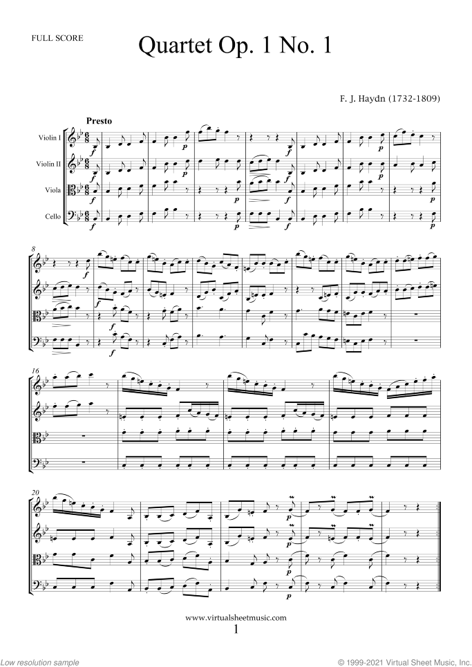 String Quartets Op.1 No.1-3 (f.score) sheet music for string quartet by Franz Joseph Haydn, classical score, intermediate skill level