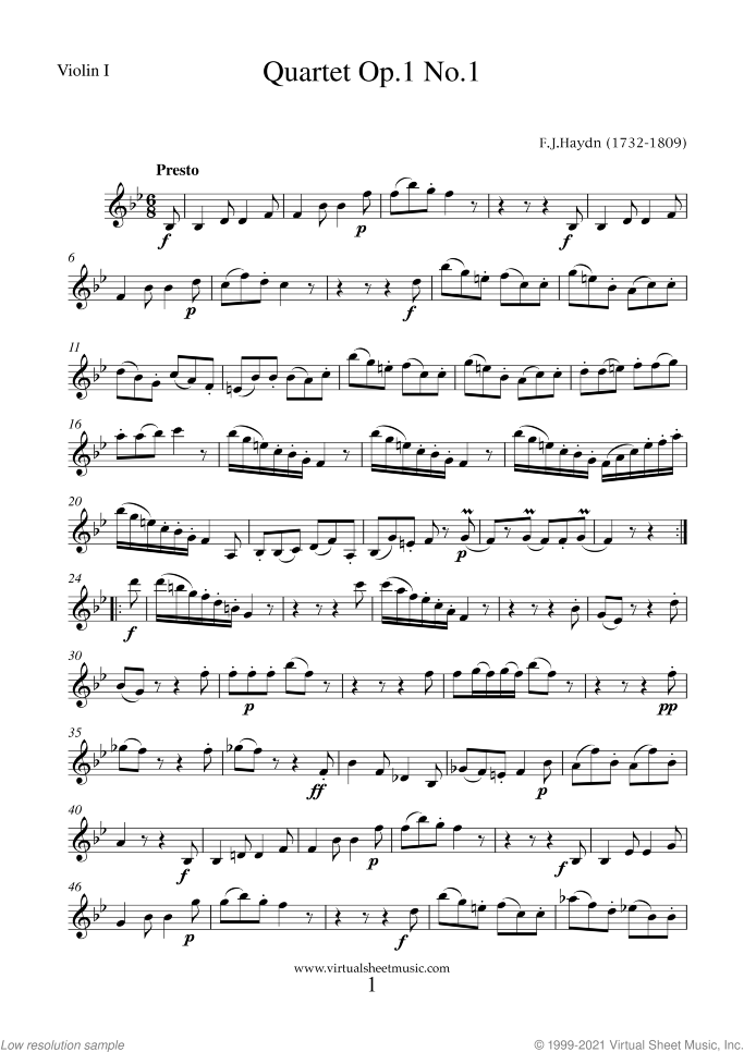 String Quartets Op.1 No.1-3 (parts) sheet music for string quartet by Franz Joseph Haydn, classical score, intermediate skill level