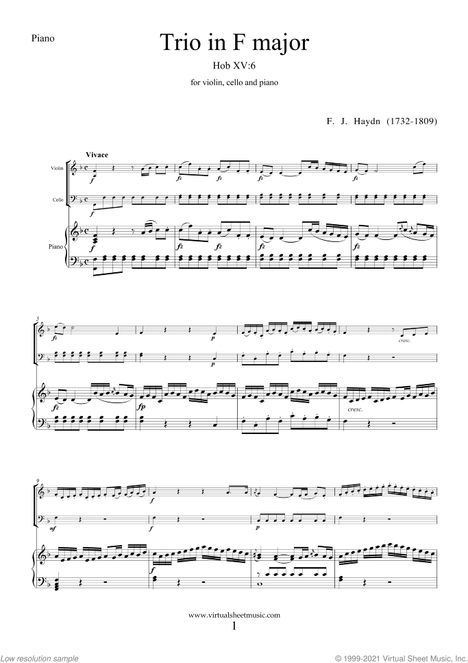 Trio in F major Hob XV:6 sheet music for violin, cello and piano by Franz Joseph Haydn, classical score, intermediate/advanced skill level