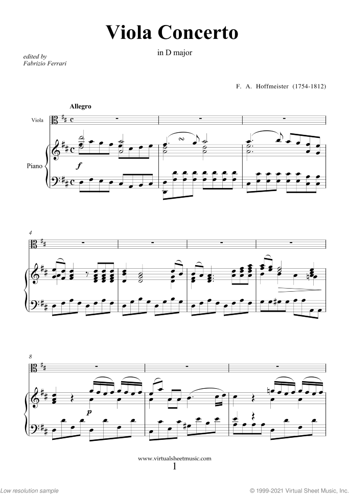 Concerto in D major sheet music for viola and piano by Franz Anton Hoffmeister, classical score, intermediate/advanced skill level
