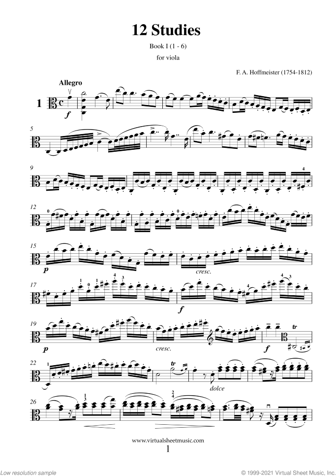 12 Studies - Book I sheet music for viola solo by Franz Anton Hoffmeister, classical score, intermediate/advanced skill level