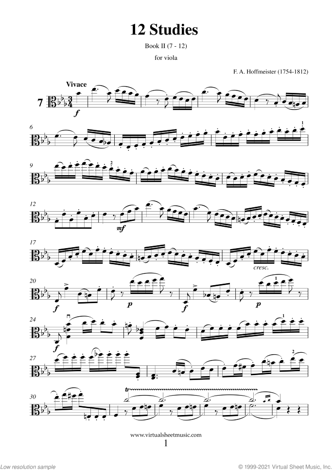 12 Studies - Book II sheet music for viola solo by Franz Anton Hoffmeister, classical score, intermediate/advanced skill level