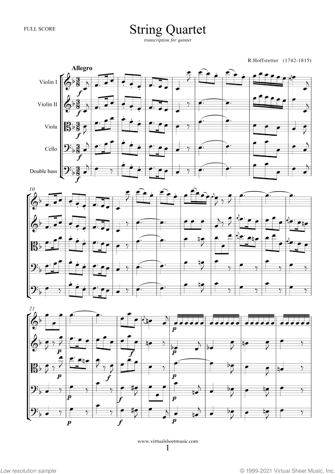 String Quartet for quintet sheet music for string quintet by Roman Hoffstetter, classical score, intermediate skill level