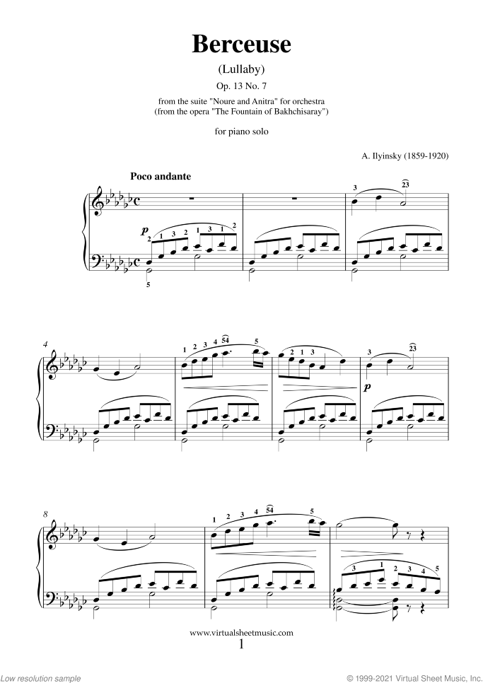 Berceuse (Lullaby) Op.13 No.7 sheet music for piano solo by Alexander Ilyinsky, classical score, intermediate skill level