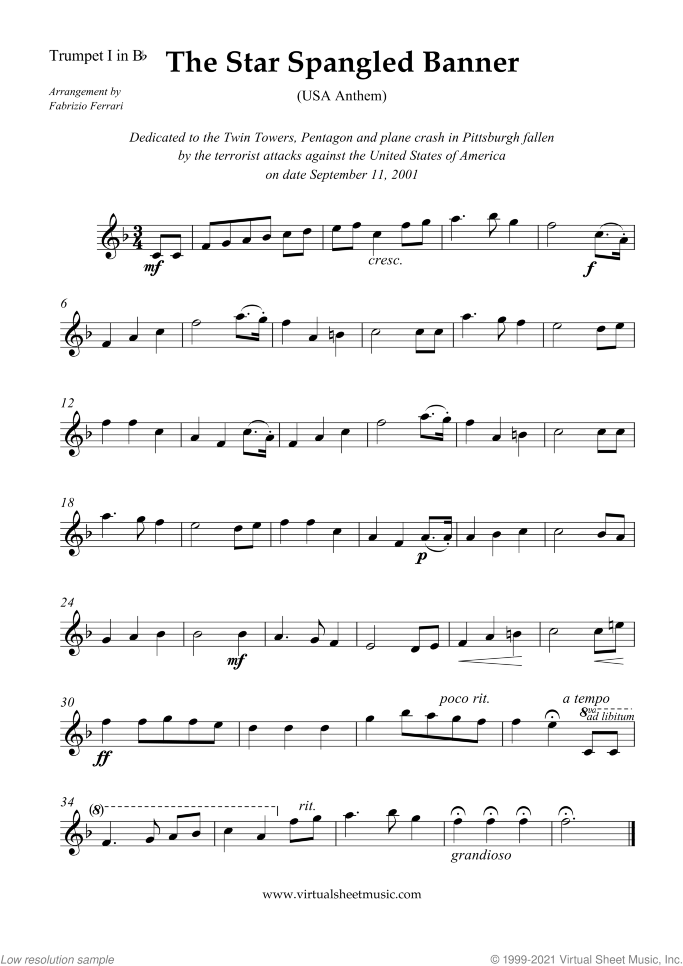 The Star Spangled Banner (in Eb) - USA Anthem sheet music for brass quintet by John Stafford Smith, intermediate skill level