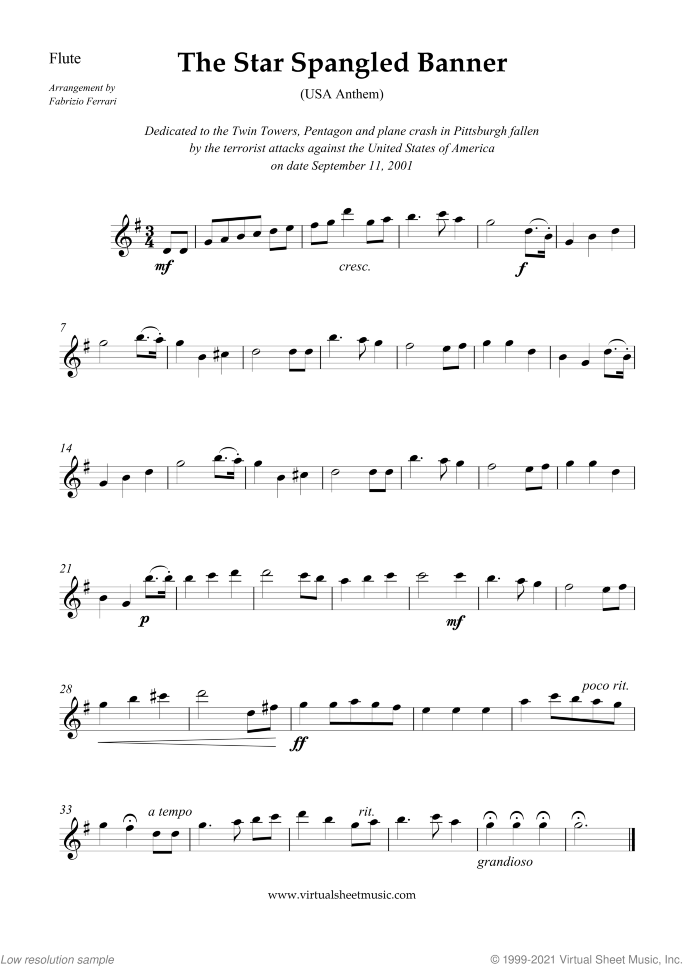 The Star Spangled Banner - USA Anthem sheet music for flute, oboe, violin and cello by John Stafford Smith, intermediate skill level