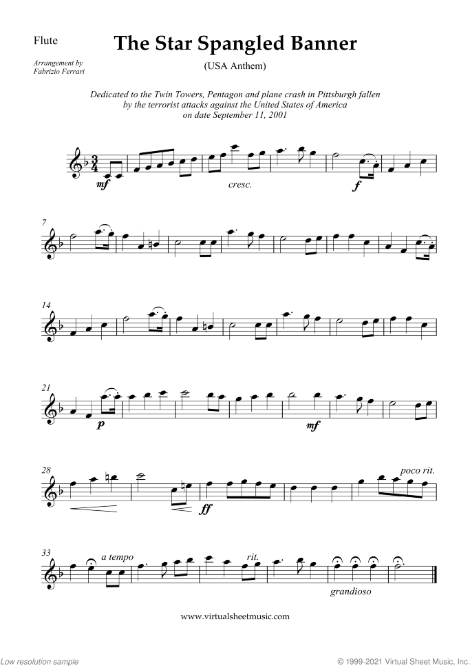 The Star Spangled Banner (in F) - USA Anthem sheet music for wind quartet by John Stafford Smith, intermediate skill level