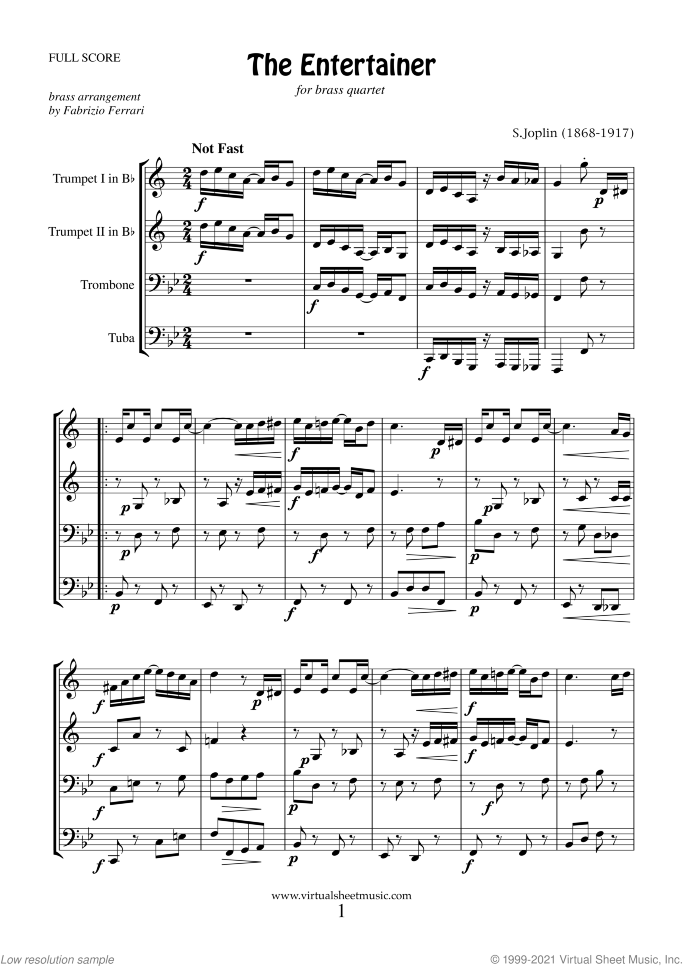 The Entertainer (f.score) sheet music for brass quartet, version 1 by Scott Joplin, classical score, intermediate skill level