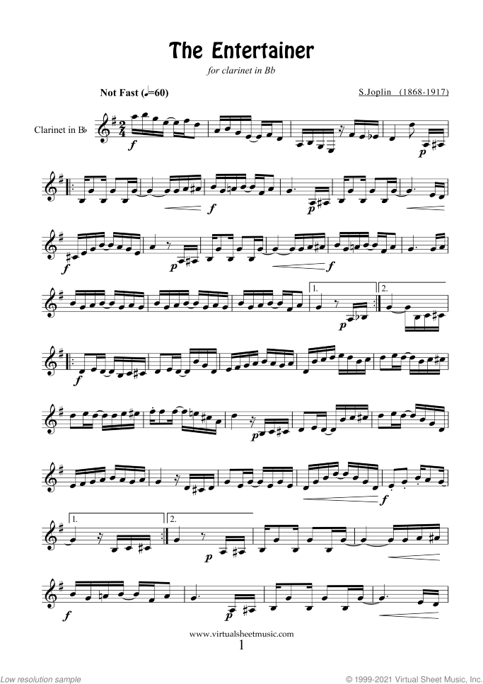 The Entertainer sheet music for clarinet solo by Scott Joplin, classical score, easy skill level