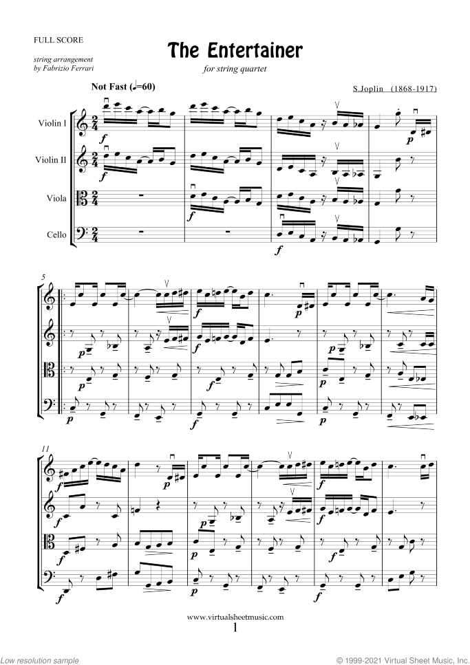 The Entertainer (f.score) sheet music for string quartet by Scott Joplin, classical score, intermediate skill level