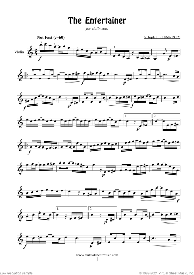 The Entertainer sheet music for violin solo by Scott Joplin, classical score, easy/intermediate skill level
