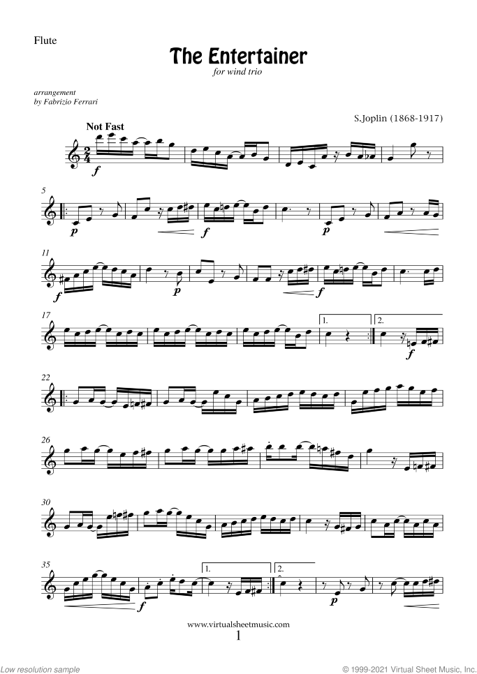 The Entertainer sheet music for wind trio by Scott Joplin, classical score, intermediate skill level