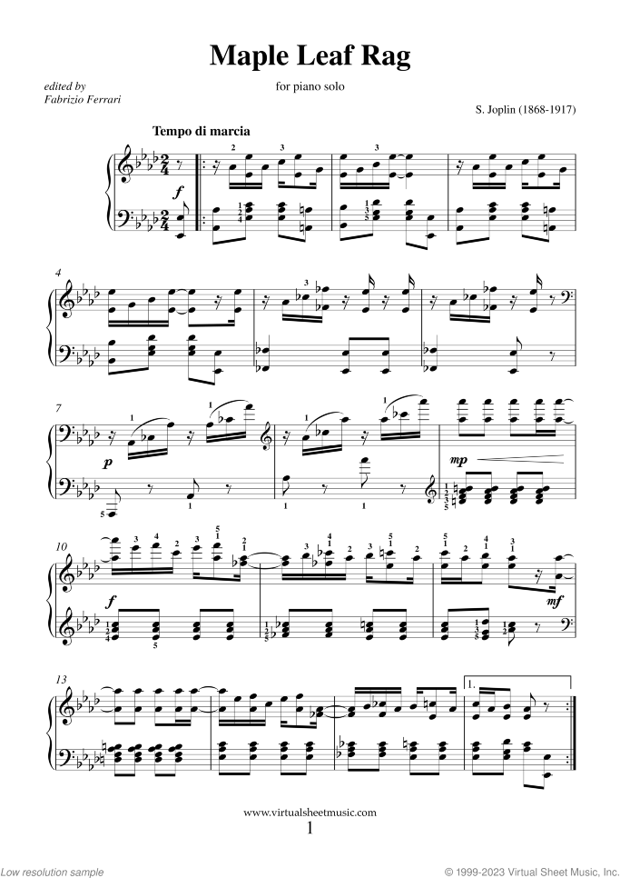Maple Leaf Rag sheet music for piano solo by Scott Joplin, classical score, intermediate skill level