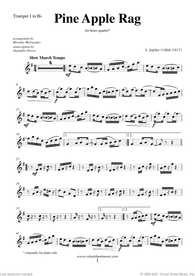 Pine Apple Rag (parts) sheet music for brass quartet by Scott Joplin, classical score, intermediate skill level