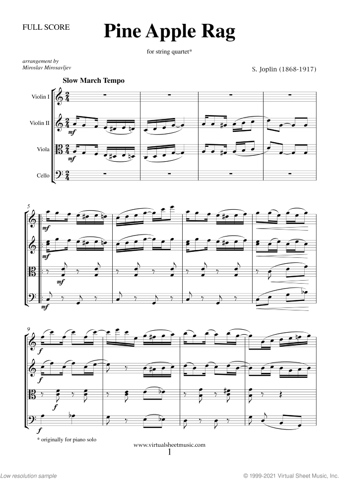 Pine Apple Rag (f.score) sheet music for string quartet by Scott Joplin, classical score, intermediate skill level