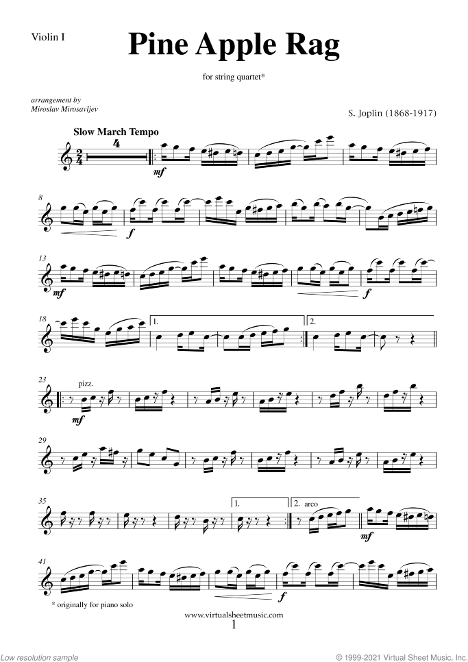 Pine Apple Rag (parts) sheet music for string quartet by Scott Joplin, classical score, intermediate skill level