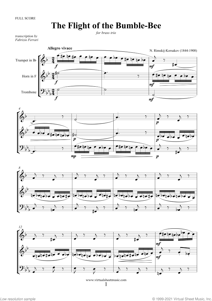 The Flight of the Bumblebee (f.score) sheet music for brass trio by Nikolai Rimsky-Korsakov, classical score, advanced skill level