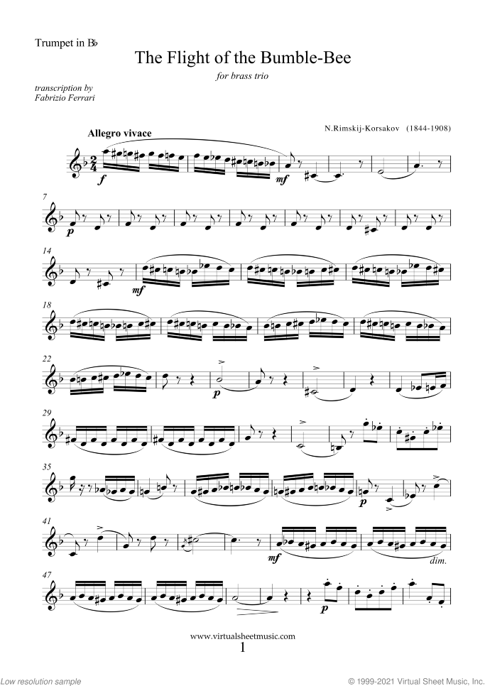 The Flight of the Bumblebee (parts) sheet music for brass trio by Nikolai Rimsky-Korsakov, classical score, advanced skill level