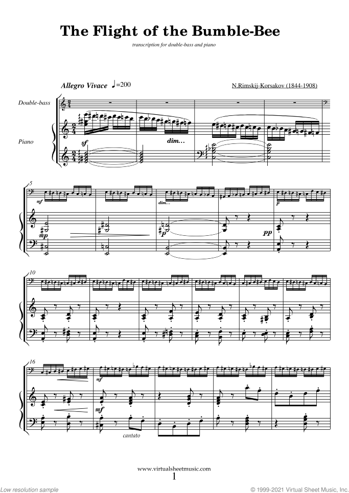 The Flight of the Bumblebee sheet music for double-bass and piano by Nikolai Rimsky-Korsakov, classical score, advanced skill level