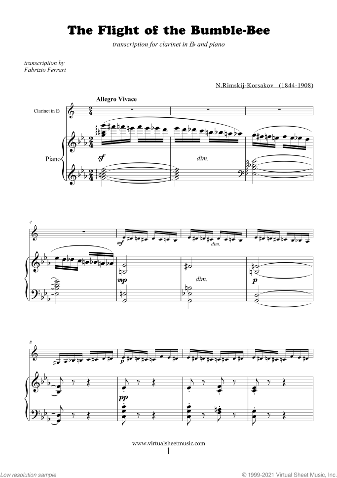 The Flight of the Bumblebee sheet music for clarinet in Eb and piano by Nikolai Rimsky-Korsakov, classical score, advanced skill level