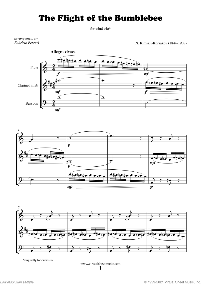 The Flight of the Bumblebee (f.score) sheet music for wind trio by Nikolai Rimsky-Korsakov, classical score, advanced skill level
