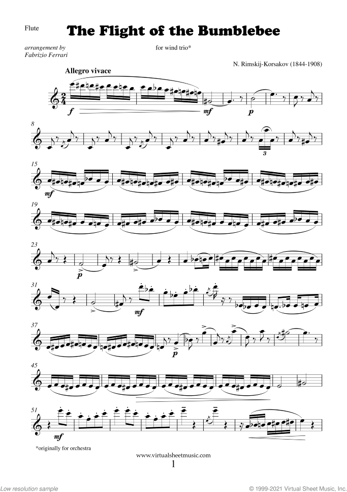 The Flight of the Bumblebee (parts) sheet music for wind trio by Nikolai Rimsky-Korsakov, classical score, advanced skill level