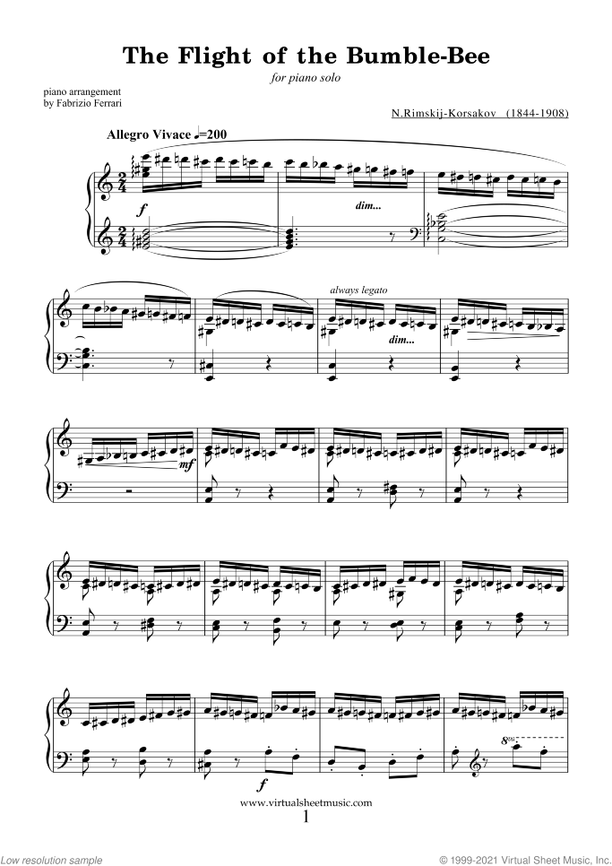 The Flight of the Bumblebee sheet music for piano solo by Nikolai Rimsky-Korsakov, classical score, advanced skill level