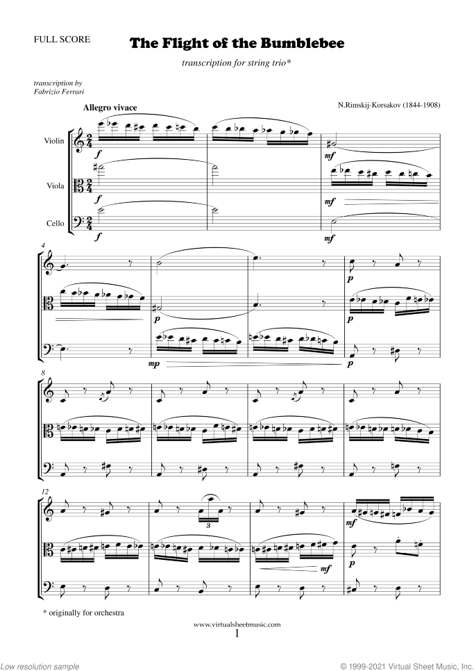 The Flight of the Bumblebee (f.score) sheet music for string trio by Nikolai Rimsky-Korsakov, classical score, advanced skill level