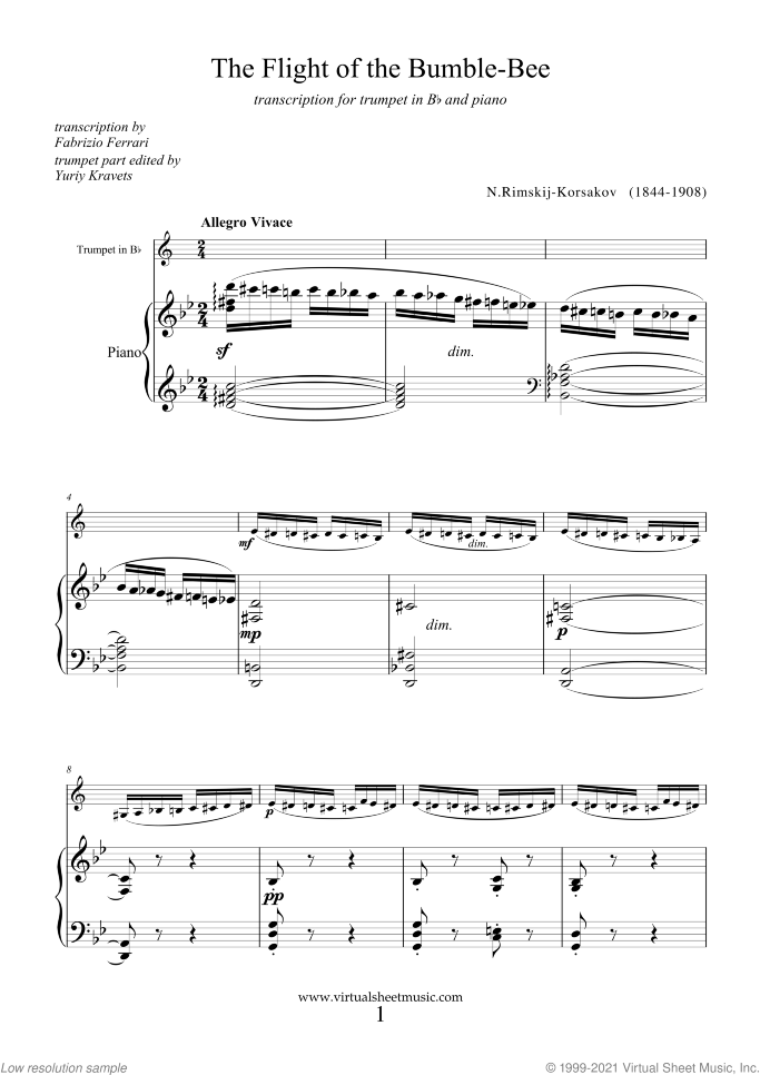 The Flight of the Bumblebee sheet music for trumpet and piano by Nikolai Rimsky-Korsakov, classical score, advanced skill level