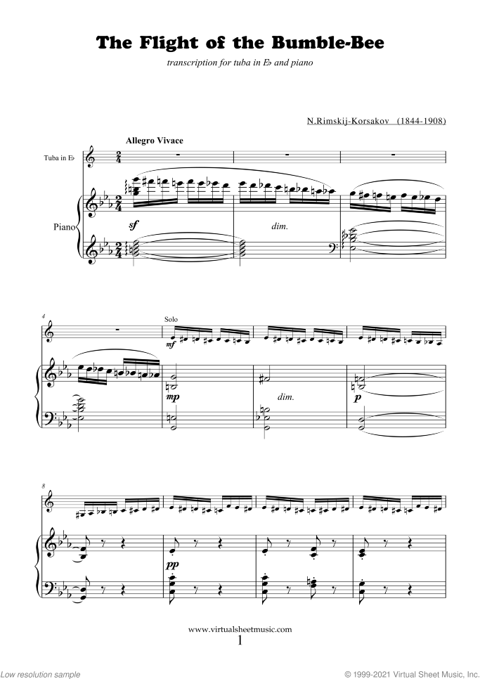The Flight of the Bumblebee sheet music for tuba in Eb and piano by Nikolai Rimsky-Korsakov, classical score, advanced skill level