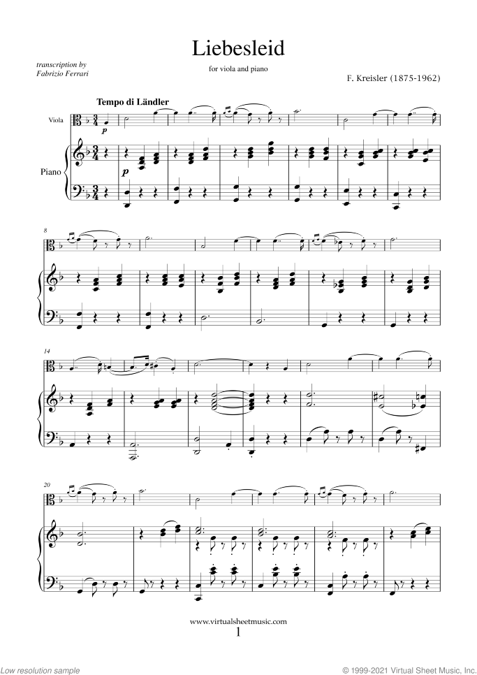 Liebesleid sheet music for viola and piano by Fritz Kreisler, classical score, intermediate skill level