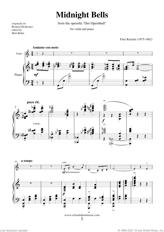 Midnight Bells sheet music for violin and piano by Fritz Kreisler, classical score, intermediate skill level
