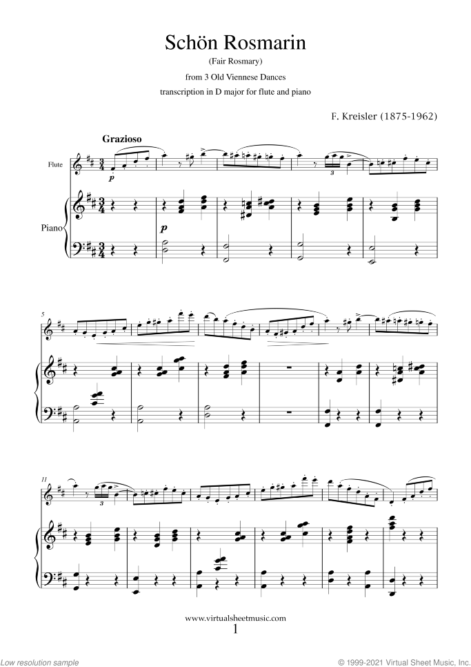 Schon Rosmarin (NEW EDITION) sheet music for flute and piano by Fritz Kreisler, classical score, intermediate skill level