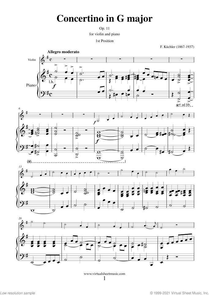 Concertino in G major Op. 11 sheet music for violin and piano by Ferdinand Kuchler, classical score, easy skill level