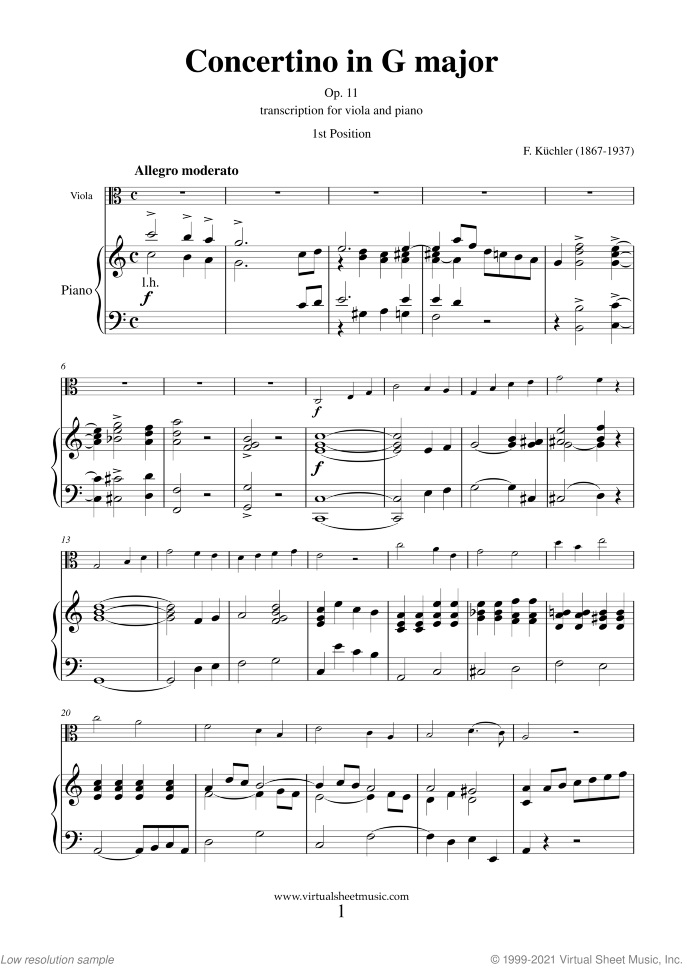 Concertino in G major (transposed in C) Op. 11 sheet music for viola and piano by Ferdinand Kuchler, classical score, easy skill level