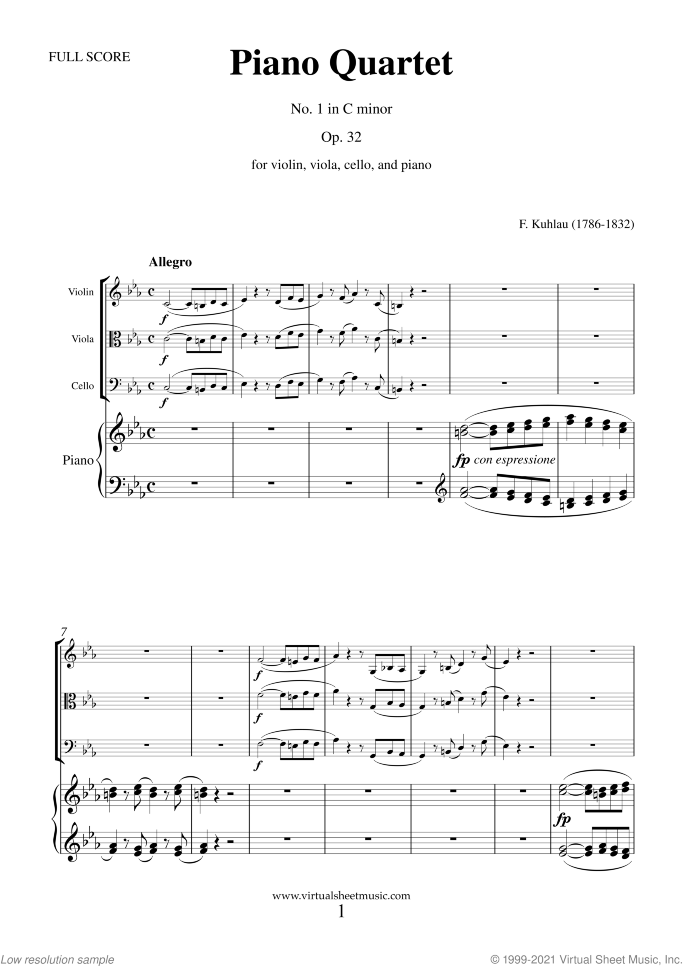 Piano Quartet Op.32 No.1 (COMPLETE) sheet music for piano quintet by Friedrich Daniel Rudolf Kuhlau, classical score, advanced skill level