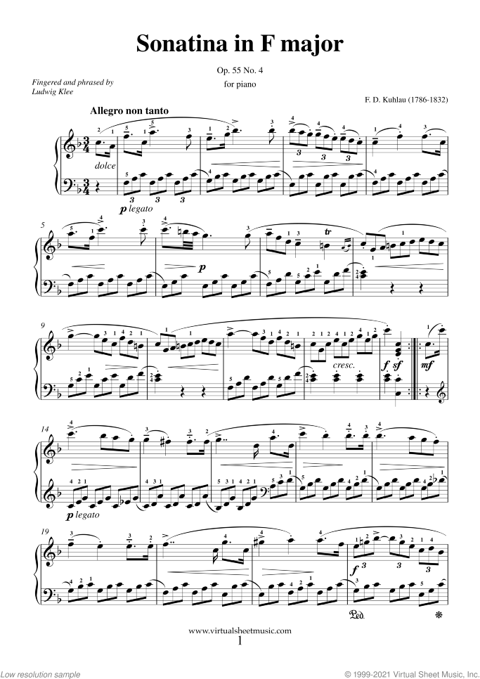 Sonatina in F major Op.55 No.4 sheet music for piano solo by Friedrich Daniel Rudolf Kuhlau, classical score, easy/intermediate skill level