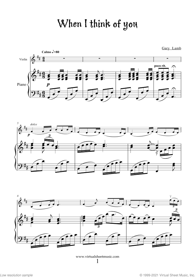 When I Think Of You sheet music for violin and piano by Gary Lamb, intermediate skill level