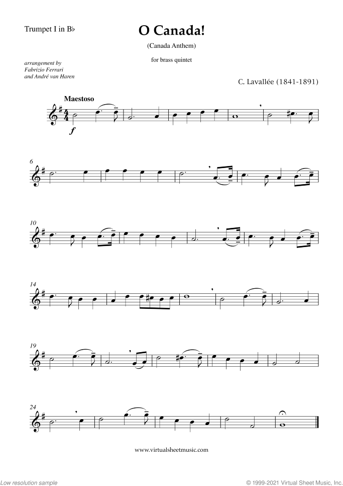 O Canada! (parts) sheet music for brass quintet by Calixa Lavallee, easy/intermediate skill level