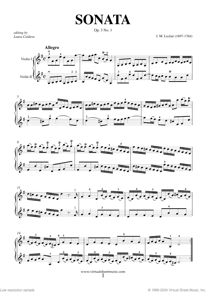 Sonata Op.3 No.1 (duo) sheet music for two violins by Jean Marie Leclair, classical score, intermediate duet