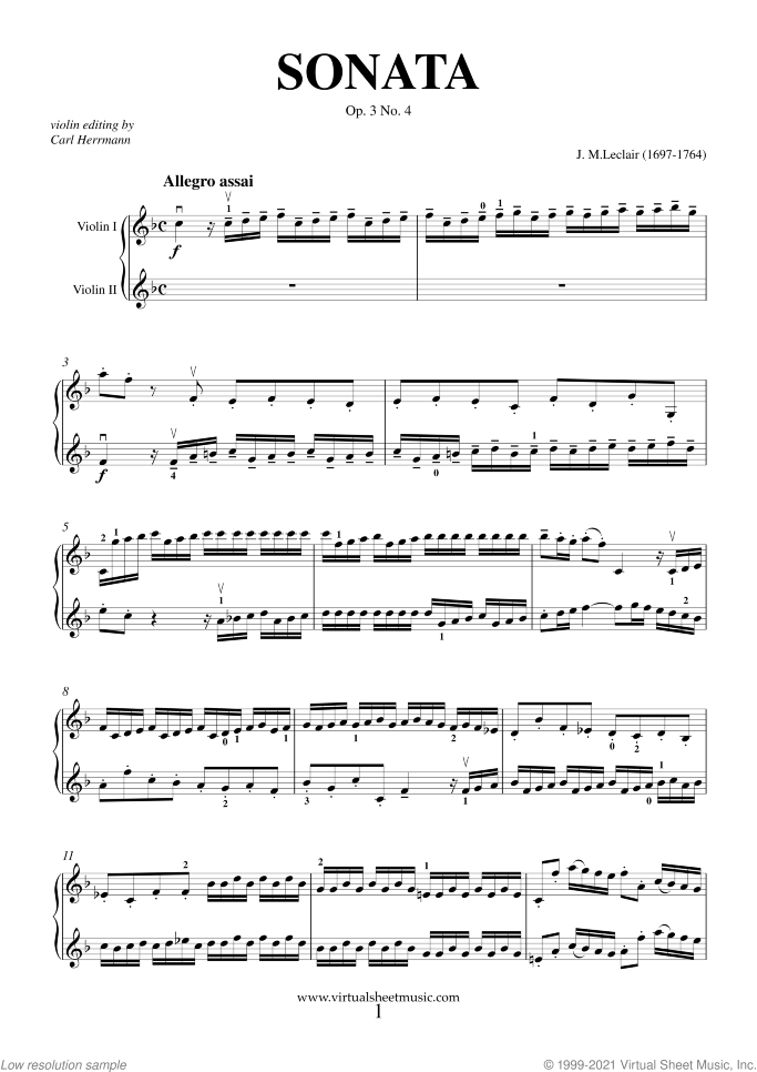 Sonata Op.3 No.4 (duo) sheet music for two violins by Jean Marie Leclair, classical score, intermediate duet