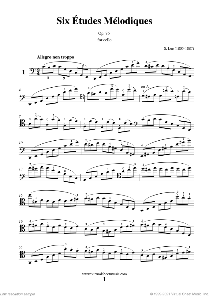 Six Etudes Melodiques Op. 76 sheet music for cello solo by Sebastian Lee, classical score, intermediate/advanced skill level