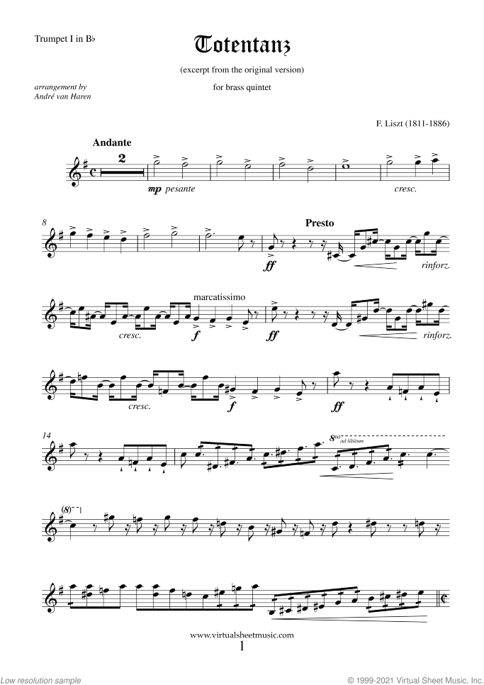 Totentanz (parts) sheet music for brass quintet by Franz Liszt, classical score, advanced skill level