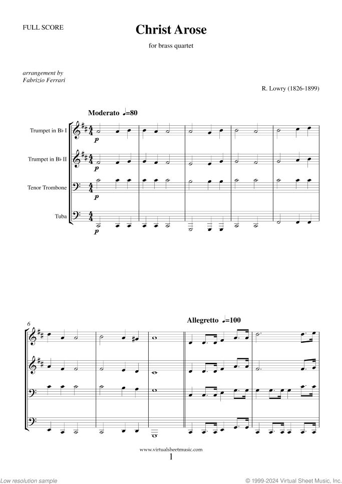 Christ Arose sheet music for brass quartet by Robert Lowry, classical wedding score, intermediate skill level