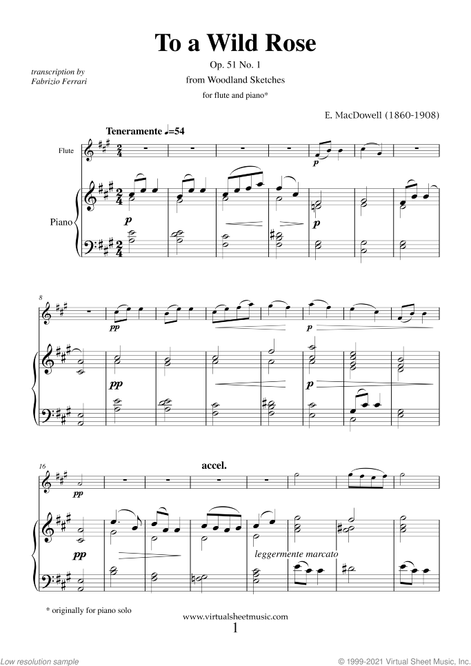 To a Wild Rose Op.51 No.1 sheet music for flute and piano by Edward Macdowell, classical score, easy/intermediate skill level