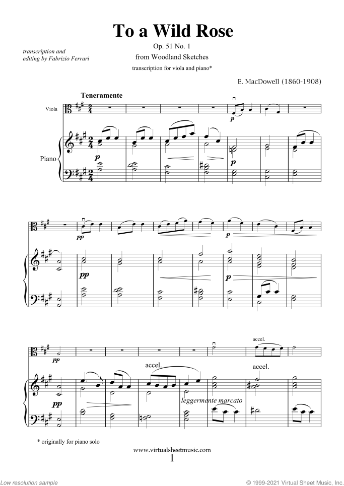 To a Wild Rose Op.51 No.1 sheet music for viola and piano by Edward Macdowell, classical score, easy/intermediate skill level