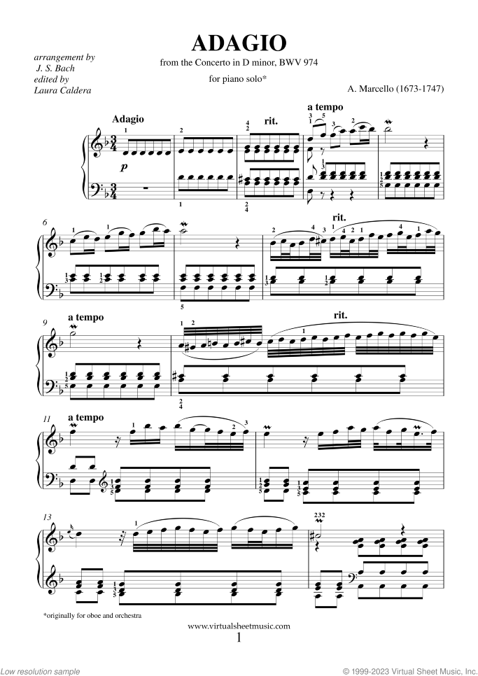 Adagio sheet music for piano solo by Alessandro Marcello, classical score, intermediate skill level