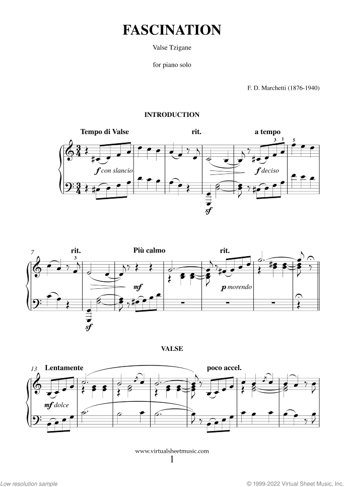 Fascination sheet music for piano solo by Fermo Dante Marchetti, wedding score, intermediate skill level