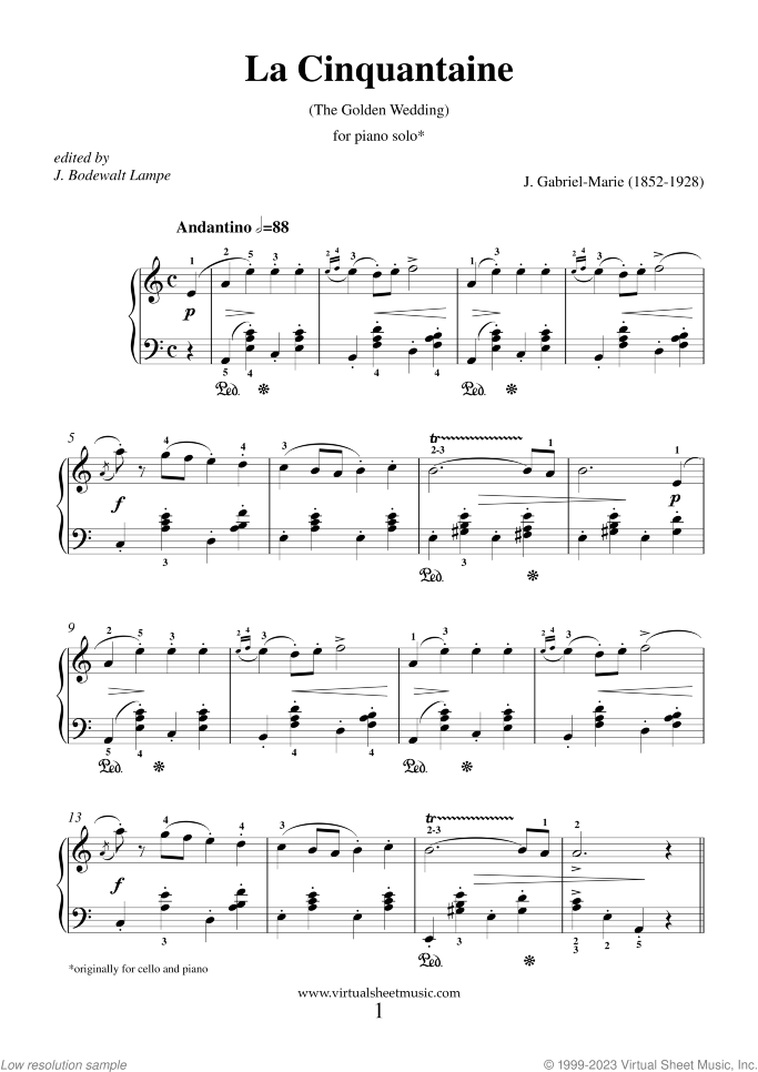 La Cinquantaine sheet music for piano solo by Jean Gabriel Marie, classical wedding score, easy/intermediate skill level