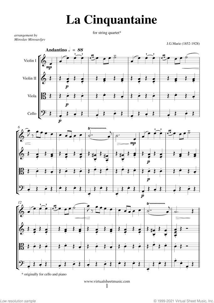 La Cinquantaine (f.score) sheet music for string quartet by Jean Gabriel Marie, classical wedding score, easy/intermediate skill level